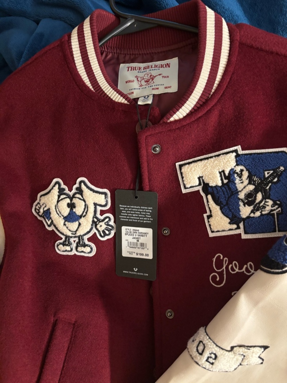 True Religion Maroon and Cream Letterman Jacket with Patches - Picture 2 of 3